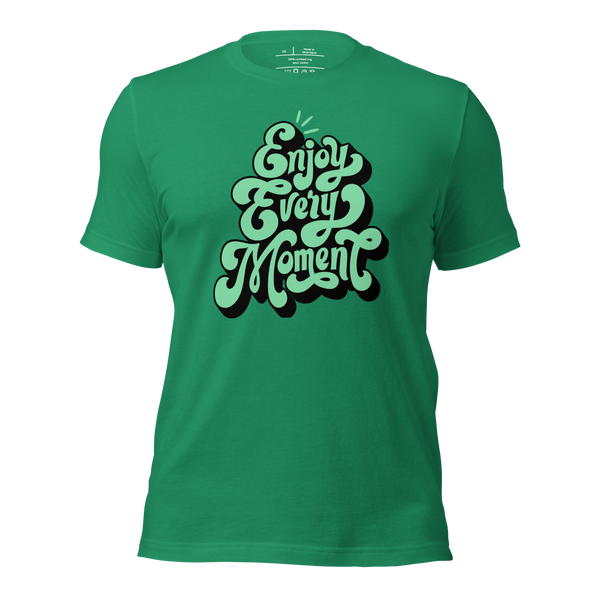 3D mockup of 'Enjoy Every Moment' T-shirt in vibrant green, featuring graffiti-style lettering inspired by Ecclesiastes 3:12-13. Made from soft, lightweight cotton for comfort and style.