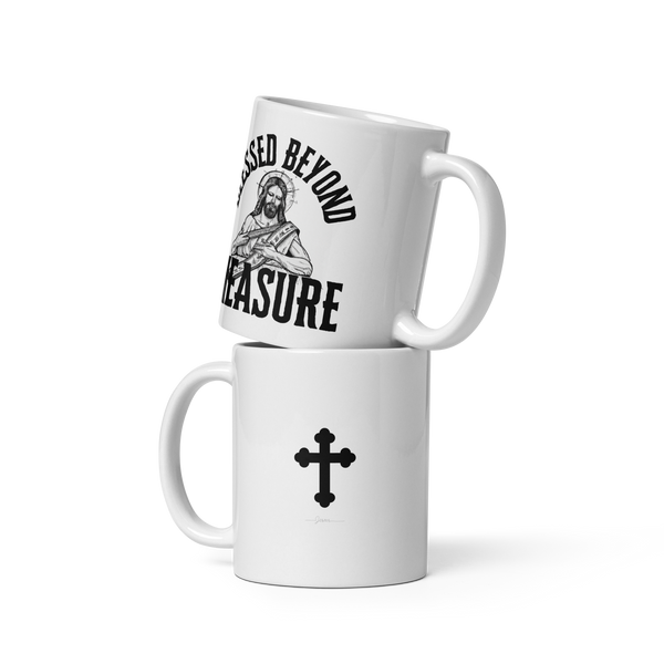 Back view of white mug with crucifix: Ceramic mug featuring a crucifix on the back, representing Christ’s love and sacrifice.