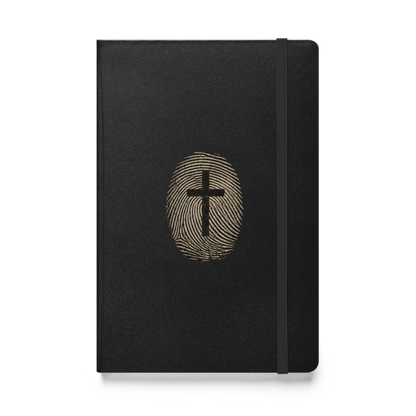 Gospel Noir Fingerprint Cross hardcover journal front view with black cover and strap closure
