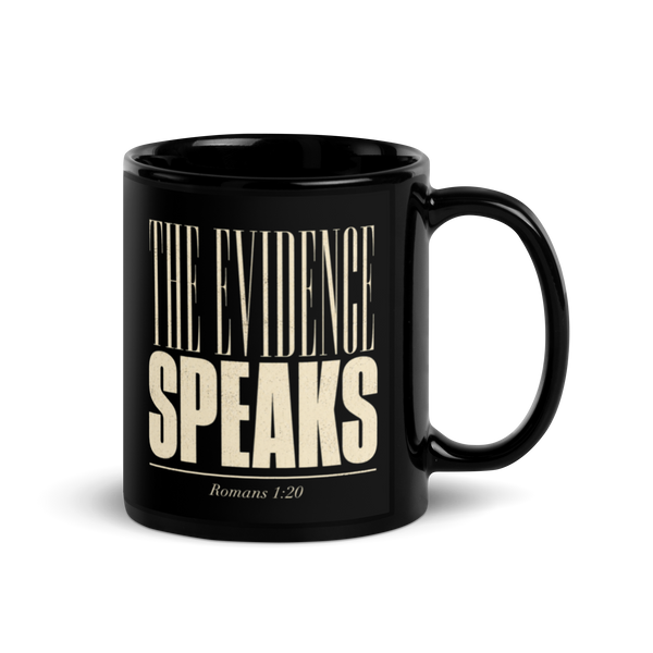 Gospel Noir The Evidence Speaks black Christian coffee mug front view with Romans 1:20 typography
