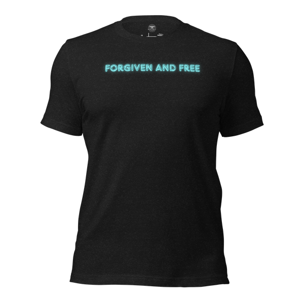 3D mockup of Heavenly Crafted's 'Forgiven and Free' T-shirt in Black Heather, showcasing the bold neon blue text design inspired by Ephesians 1:7. Perfect for expressing your faith in style and comfort.