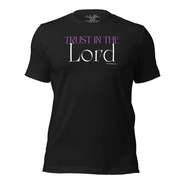 3D mockup of 'Trust in the Lord' T-shirt in Black Heather.