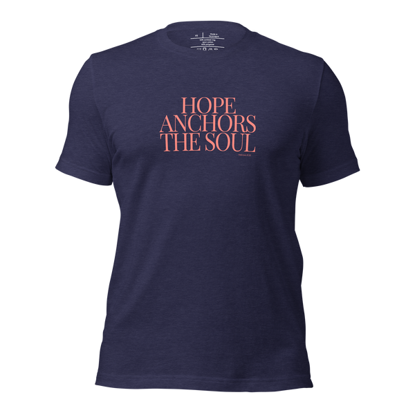 3D mockup of 'Hope Anchors the Soul' T-shirt, showing front design in Heather Midnight Navy.