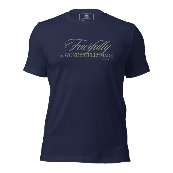 3D mockup of 'Wonderfully Made' T-shirt in Navy with gold script text.