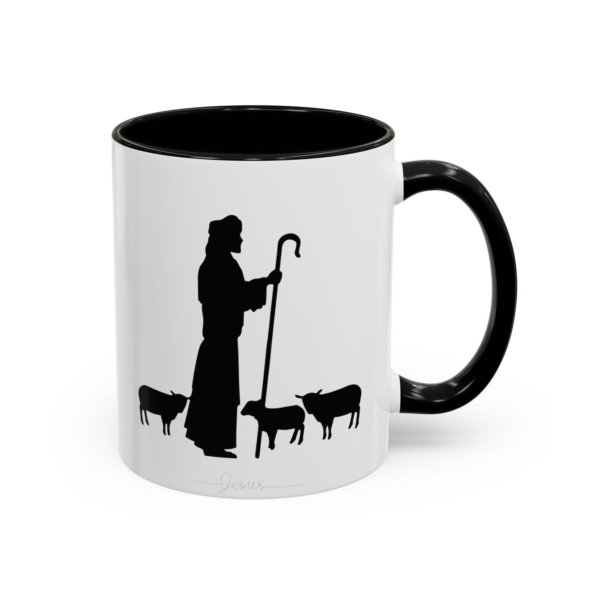 Front of the White Mug with Black Interior on White Backdrop: "White ceramic mug with black interior, highlighting a simple black ink design of Jesus and sheep on the front. Photographed against a white backdrop, this accent mug comes in 11oz and 15oz sizes, perfect for adding spiritual inspiration to your coffee routine.