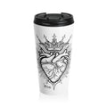 Front view of the Classic Catholica Heart Stainless Steel Travel Mug, featuring a detailed design of a classic Catholica heart with a crown and Jesus' signature. This 15oz vacuum-insulated travel mug ensures drinks stay at the right temperature while on the go.