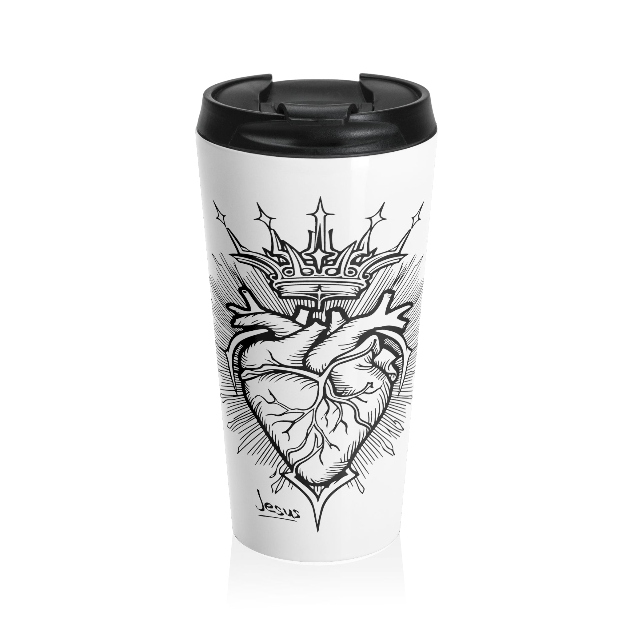Front view of the Classic Catholica Heart Stainless Steel Travel Mug, featuring a detailed design of a classic Catholica heart with a crown and Jesus' signature. This 15oz vacuum-insulated travel mug ensures drinks stay at the right temperature while on the go.