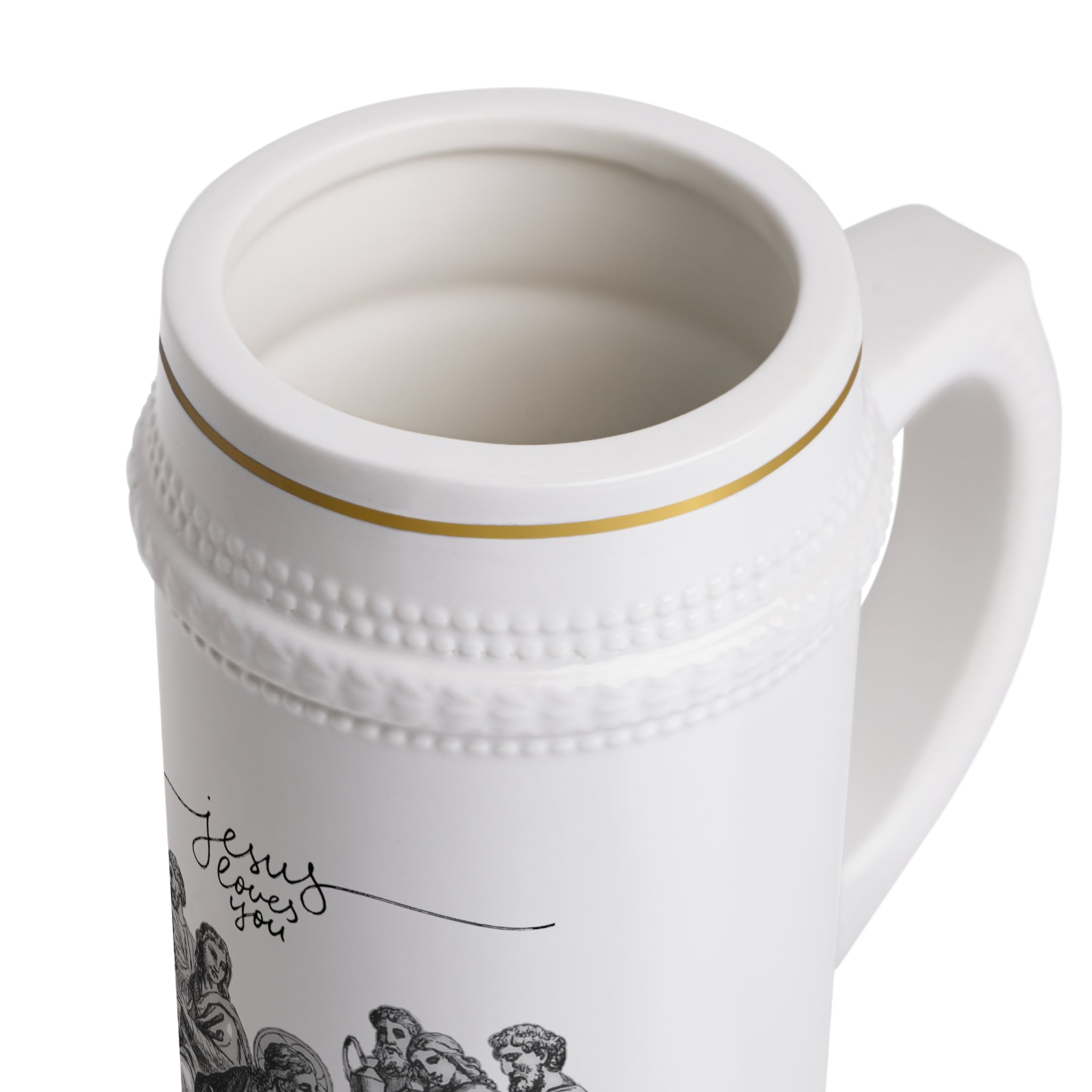 Model shot holding Jesus Loves You beer stein mug close up inside mug