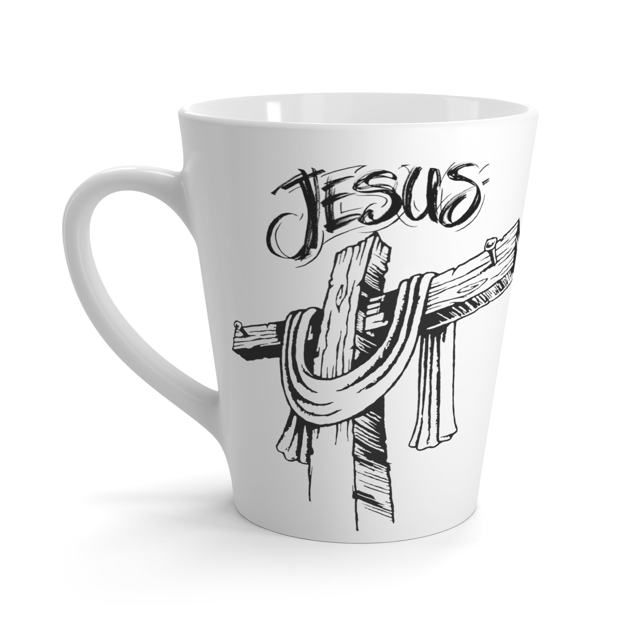 Front view of Jesus and the Cross latte mug