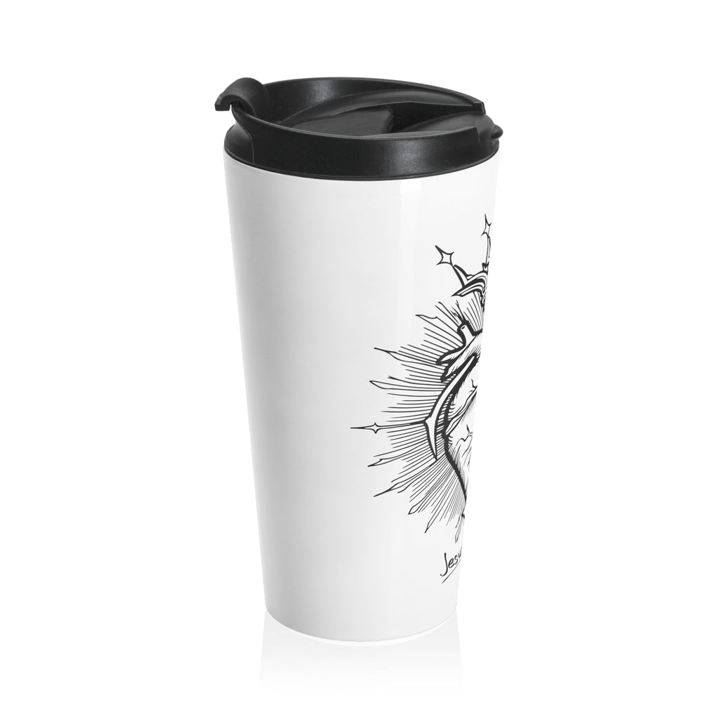 Side view of the Classic Catholica Heart Stainless Steel Travel Mug, showcasing the sleek stainless steel design and convenient flip-top black lid. The mug features a beautifully printed Catholica heart with a crown, perfect for daily use or as a faith-inspired gift.