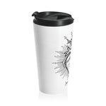 Side view of the Classic Catholica Heart Stainless Steel Travel Mug, showcasing the sleek stainless steel design and convenient flip-top black lid. The mug features a beautifully printed Catholica heart with a crown, perfect for daily use or as a faith-inspired gift.