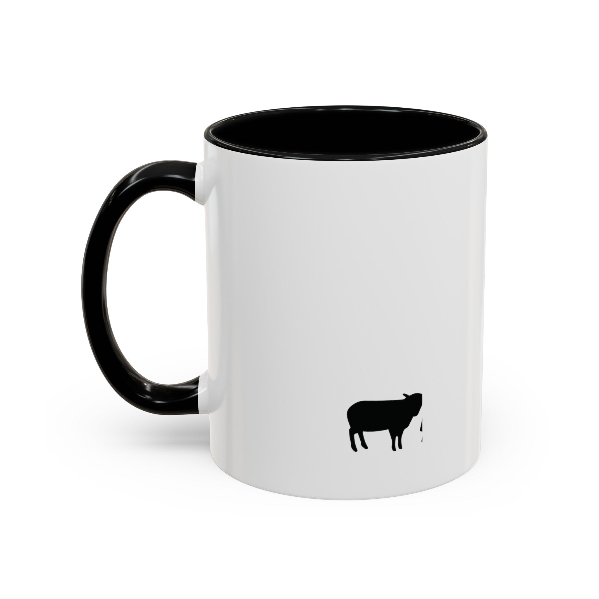 Back of the White Mug with Black Interior on White Backdrop: "Back view of a white ceramic mug with black interior, showing a lone sheep design in black ink. Set against a white backdrop, this 11oz or 15oz mug offers a subtle reminder of faith and tranquility in every sip.