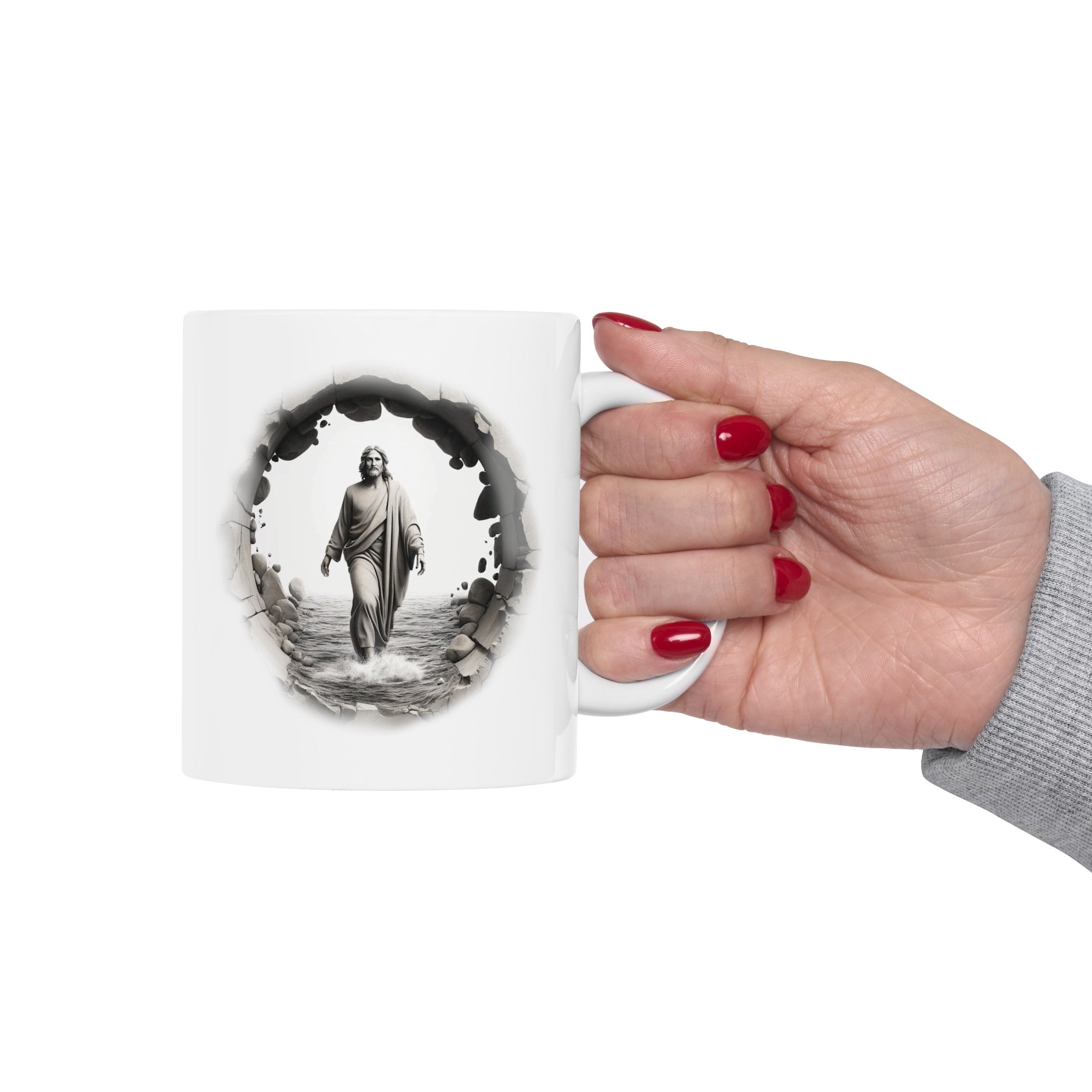 Close-Up of Handle on Custom Ceramic Mug: "Close-up of the comfortable C-handle on a custom ceramic coffee mug, demonstrating its glossy finish and durable construction. Ideal for personalized designs and daily use, microwave and dishwasher safe.