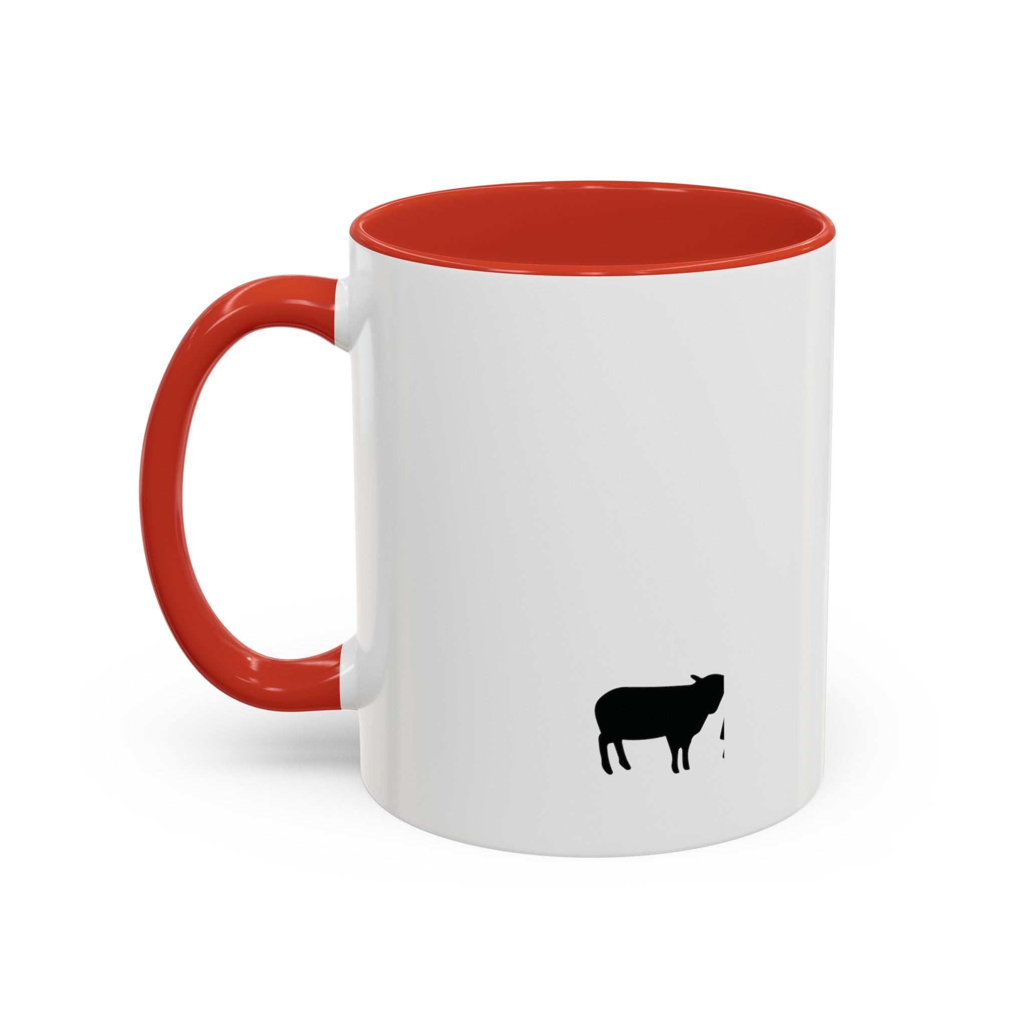 Back of the White Mug with Red Interior on White Backdrop: "Back view of a white ceramic mug with red interior, featuring a solitary sheep design in black ink. Displayed on a white backdrop, this 11oz or 15oz mug adds a touch of color and inspiration to your coffee moments.
