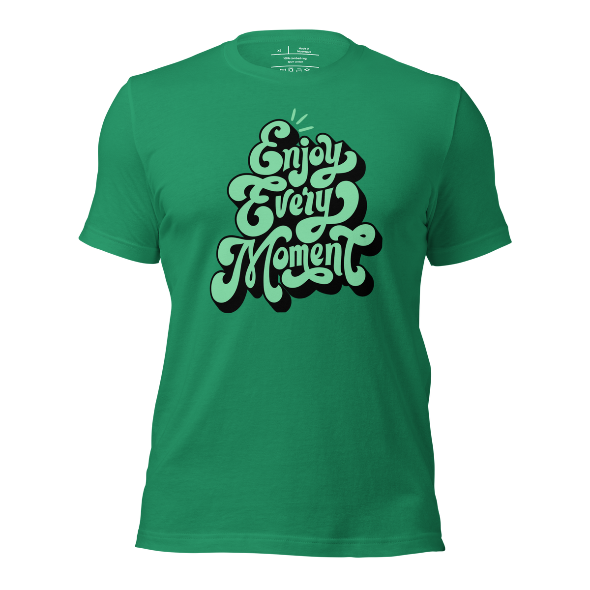 3D mockup of 'Enjoy Every Moment' T-shirt in vibrant green, featuring graffiti-style lettering inspired by Ecclesiastes 3:12-13. Made from soft, lightweight cotton for comfort and style.