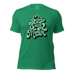 3D mockup of 'Enjoy Every Moment' T-shirt in vibrant green, featuring graffiti-style lettering inspired by Ecclesiastes 3:12-13. Made from soft, lightweight cotton for comfort and style.