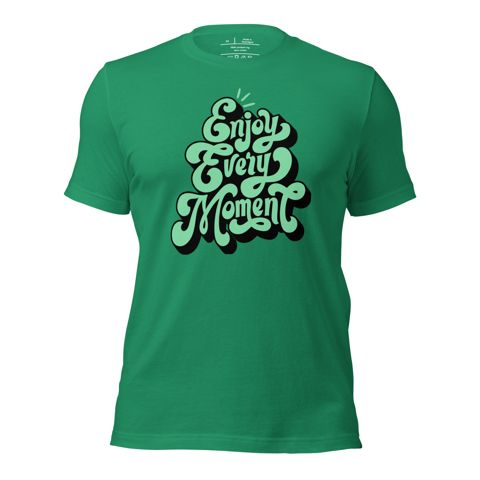 3D mockup of 'Enjoy Every Moment' T-shirt in vibrant green, featuring graffiti-style lettering inspired by Ecclesiastes 3:12-13. Made from soft, lightweight cotton for comfort and style.