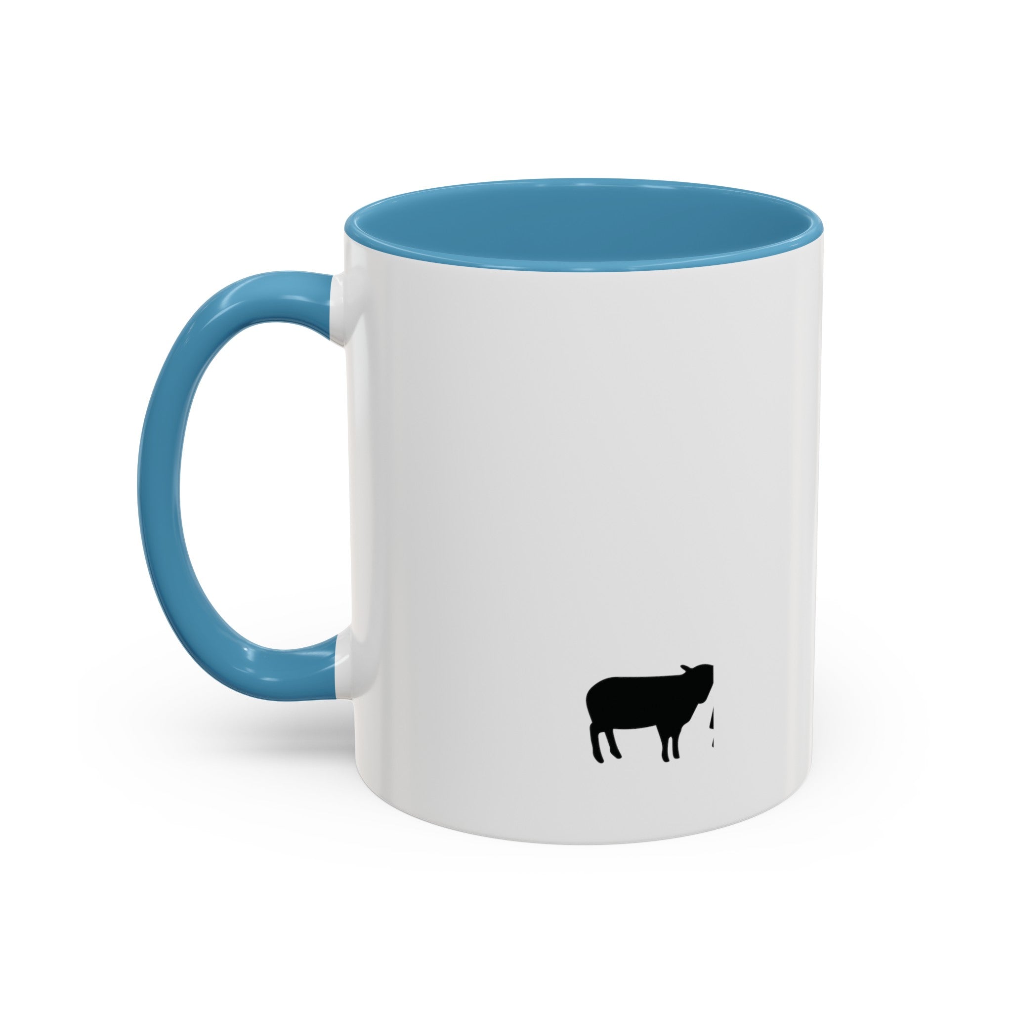 Back of the White Mug with Light Blue Interior on White Backdrop: "Back view of a white ceramic mug with light blue interior, showcasing a simple black ink illustration of a lone sheep. Against a white backdrop, this 11oz or 15oz mug is a perfect blend of serenity and style for your daily coffee.