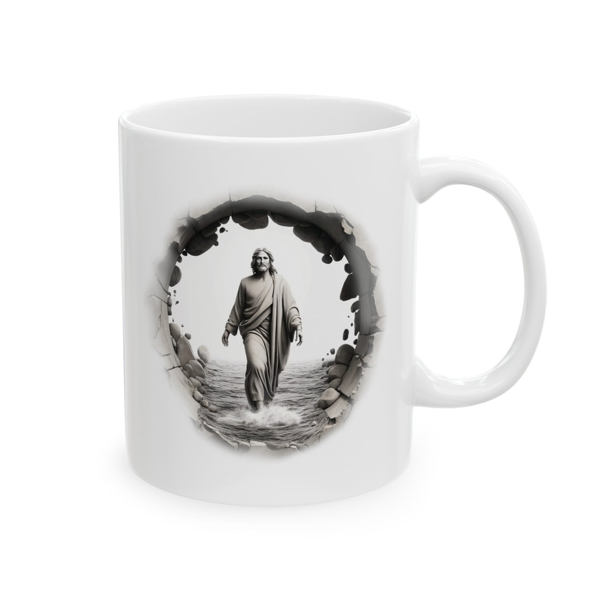 Top View of 11oz Custom Mug with Handle: "Top view of an 11oz custom ceramic coffee mug, highlighting the spacious interior and ergonomic C-handle. Perfect for displaying personal designs with vivid colors using advanced printing technology.