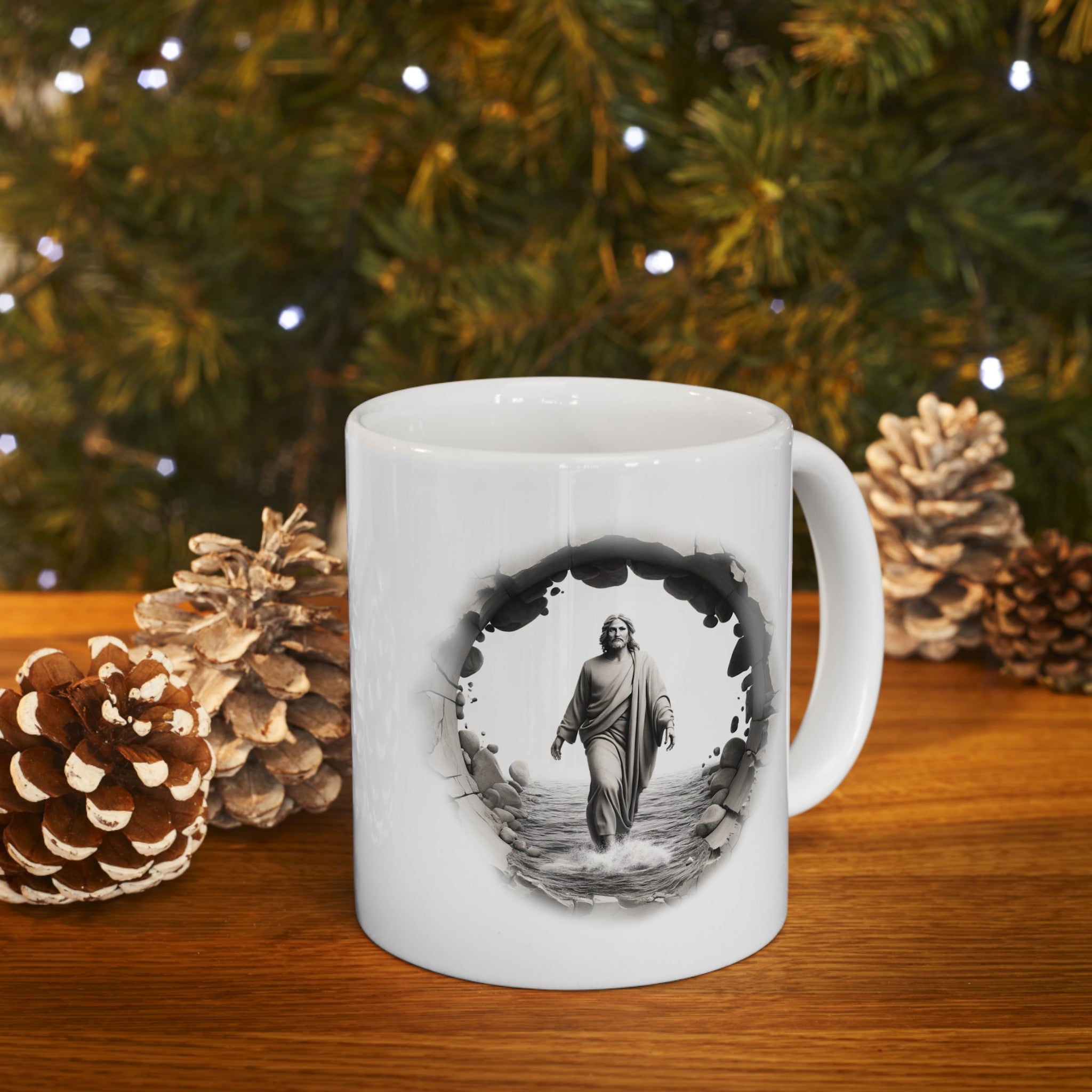 Custom Mug with Vivid Design on Wooden Table: "Custom ceramic coffee mug with a vibrant design, placed on a wooden table. Showcasing advanced printing tech with vivid
 colors, this durable mug is available in 11oz and 15oz sizes, perfect for daily enjoyment.