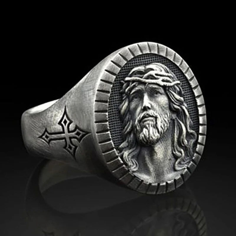 Mockup of the Front of the Ring with Jesus: "Mockup of the front view of the Classic Men's Punk Cross Ring, featuring a detailed engraving of Jesus. Crafted from durable stainless steel with a vintage cross design for a bold statement of faith.