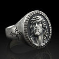 Mockup of the Front of the Ring with Jesus: "Mockup of the front view of the Classic Men's Punk Cross Ring, featuring a detailed engraving of Jesus. Crafted from durable stainless steel with a vintage cross design for a bold statement of faith.