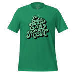 Close-up of 'Enjoy Every Moment' graffiti script on a green T-shirt, highlighting the bold and inspiring lettering on this soft and durable fabric.