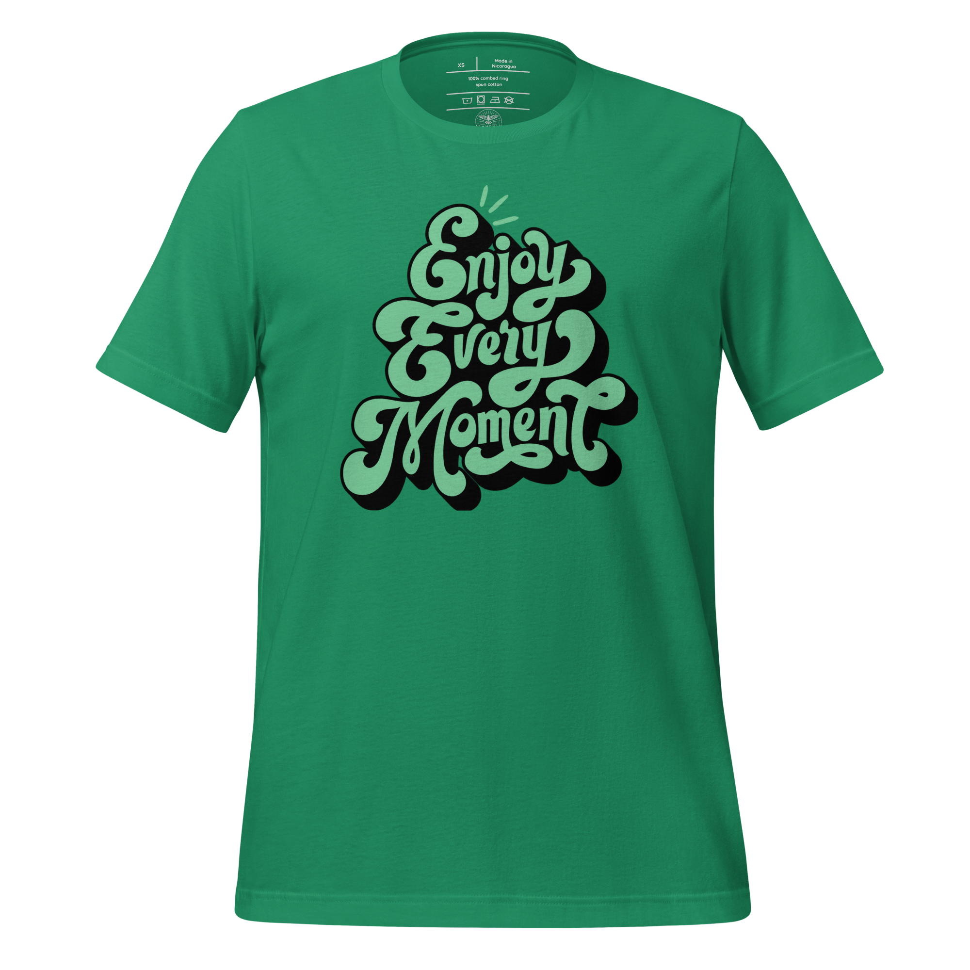 Close-up of 'Enjoy Every Moment' graffiti script on a green T-shirt, highlighting the bold and inspiring lettering on this soft and durable fabric.