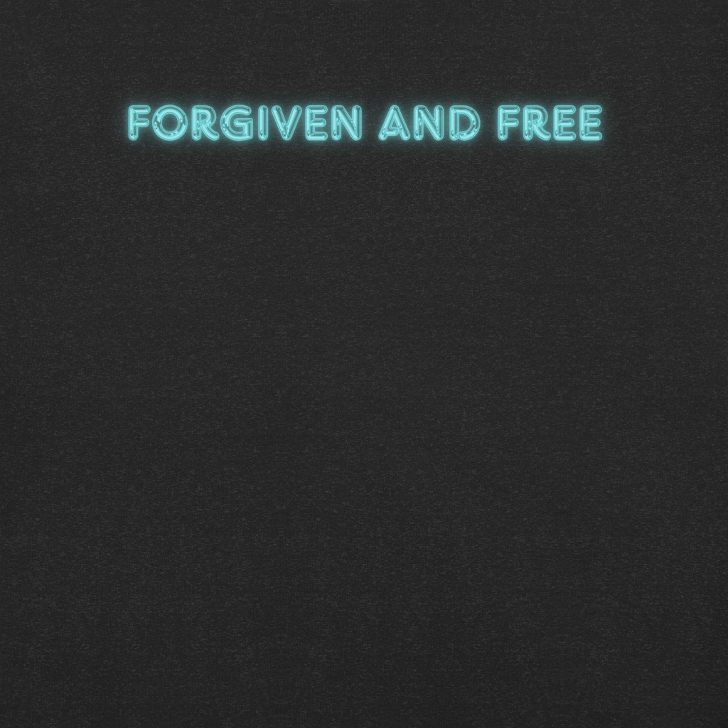 Close-up of the 'Forgiven and Free' text in vibrant neon blue on Heavenly Crafted's Black Heather T-shirt, highlighting the inspirational design and high-quality printing.