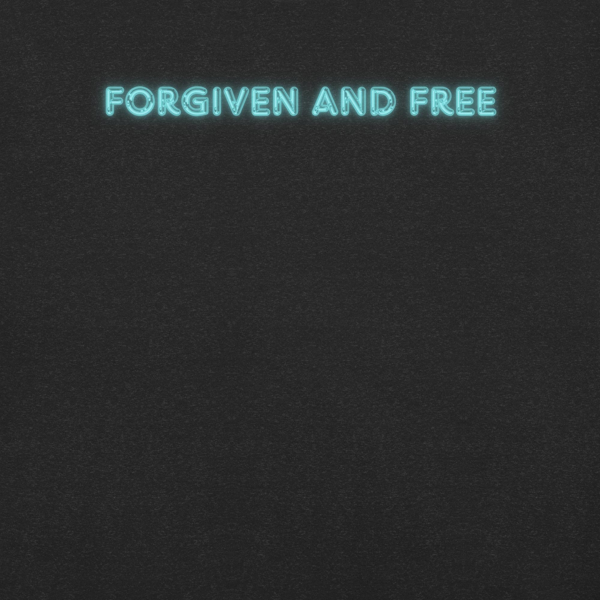 Close-up of the 'Forgiven and Free' text in vibrant neon blue on Heavenly Crafted's Black Heather T-shirt, highlighting the inspirational design and high-quality printing.