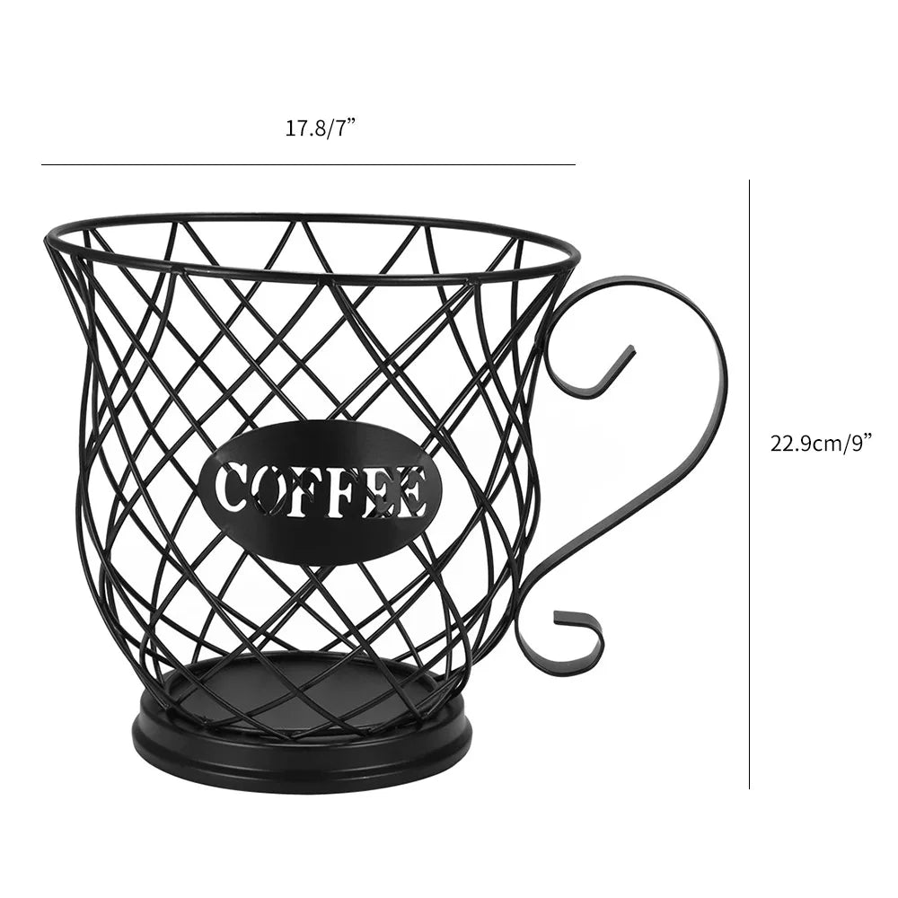 Black Coffee Capsule Holder - Universal Storage Basket with a vintage coffee cup design, ideal for organizing coffee pods in kitchens, cafes, or hotels. Crafted with durable materials in a sleek black finish, this stylish pod organizer offers both functionality and sophistication, fitting seamlessly into any coffee setup. Measurrements 17.9/7" 22.9cm/9"