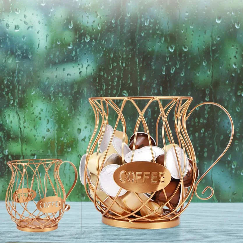 Bronze Coffee Pod Organizer Basket - Vintage-style coffee capsule holder in a luxurious gold bronze color. Perfect for homes and cafes, this organizer combines elegance and practicality, holding multiple pod sizes in a charming cup design. Enhance your coffee experience with this versatile and decorative storage solution.