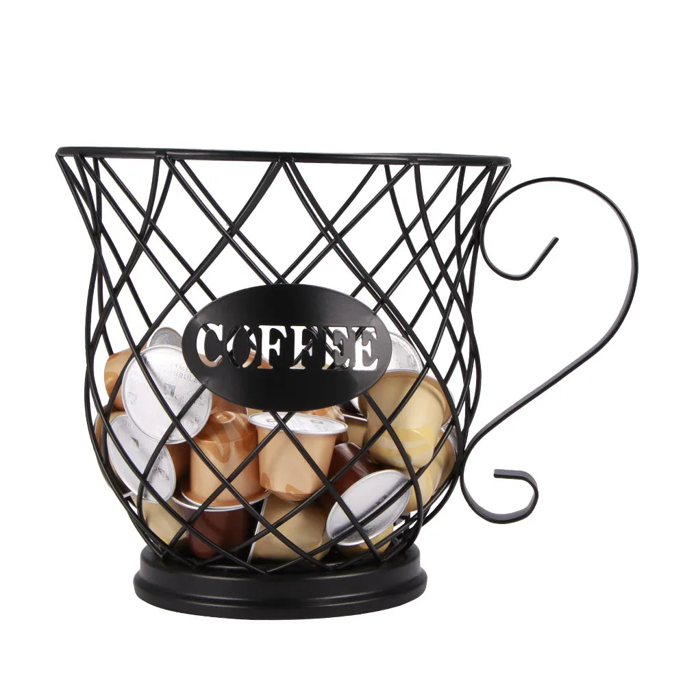 Black Coffee Capsule Storage Basket filled with coffee pods, featuring a vintage cup design. This organizer holds multiple canisters securely, adding a sleek and functional touch to any coffee station in homes, cafes, or hotels. Durable and stylish, perfect for keeping pods neatly arranged.