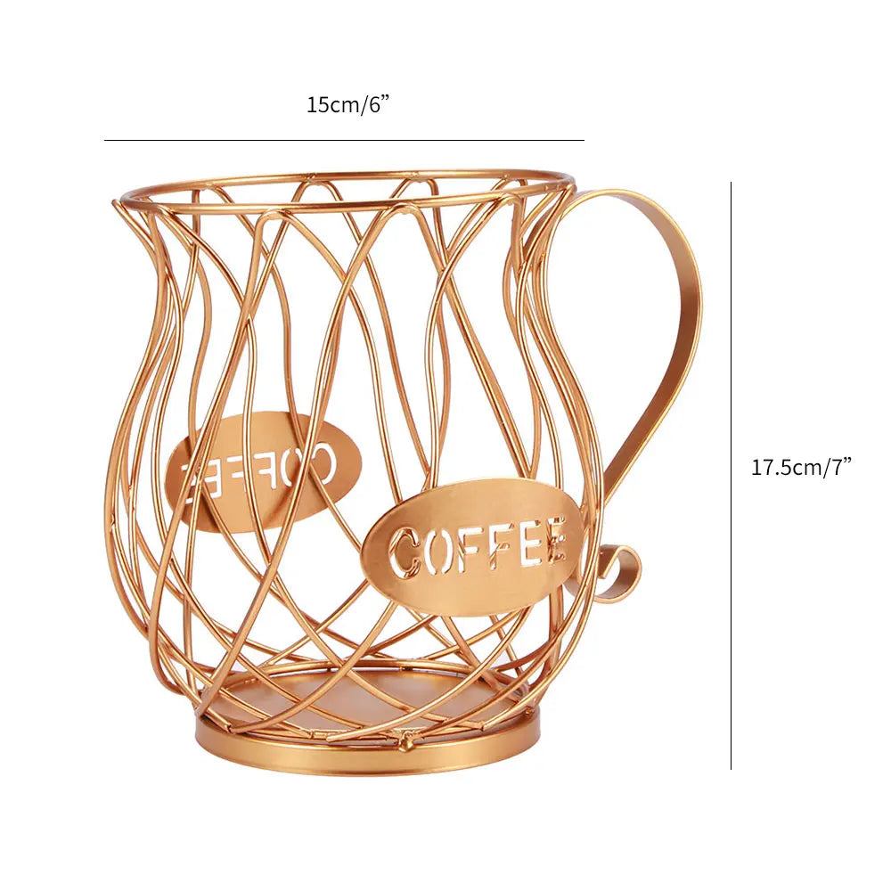 Gold Coffee Capsule Storage Basket - Vintage Pod Organizer with a bronze finish, perfect for homes, cafes, and hotels. This elegant coffee cup-shaped basket keeps your coffee pods neatly arranged and easily accessible, complementing any coffee station decor. Designed to hold various pod sizes securely while adding a touch of vintage charm. Measurements 15cm/6" x 15cm/6" 
