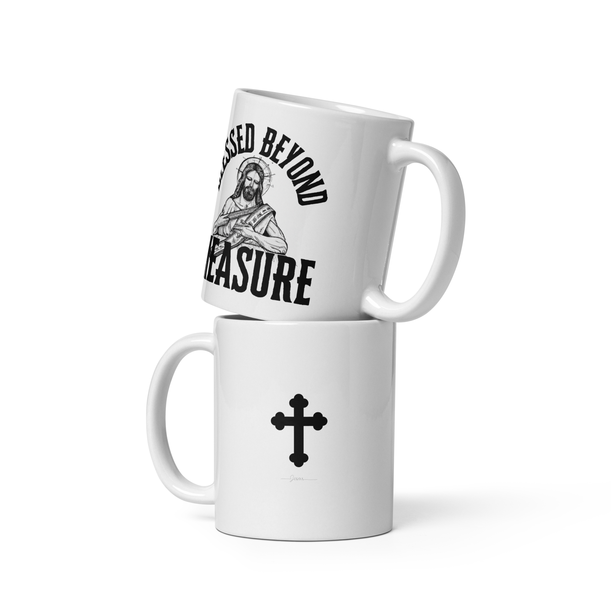 Back view of white mug with crucifix: Ceramic mug featuring a crucifix on the back, representing Christ’s love and sacrifice.