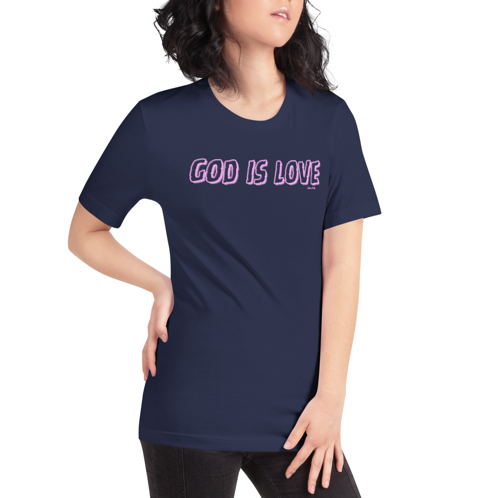 Female model wearing Heavenly Crafted's 'God Is Love' T-shirt in Navy, shown in a mockup. The vibrant neon text makes a bold statement of faith and style for everyday inspiration.