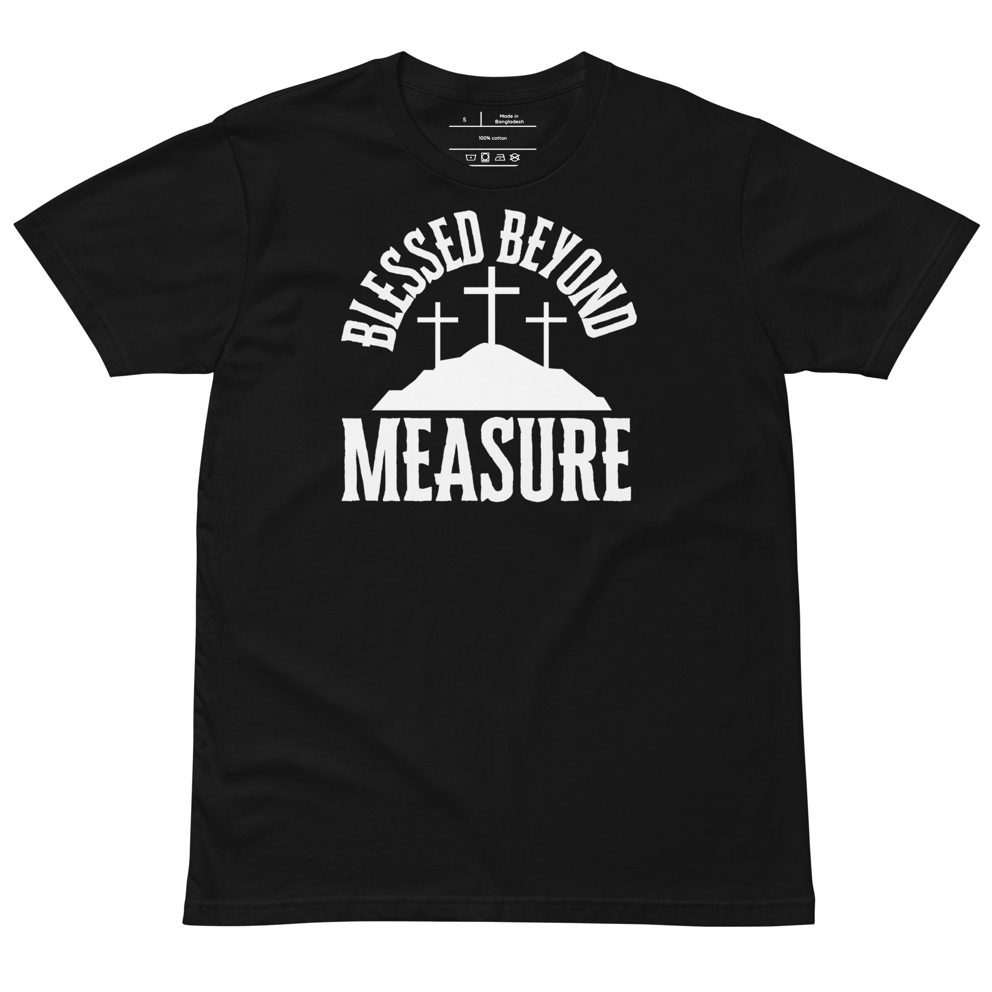 'Blessed Beyond Measure' T-shirt laid out flat with a slightly wrinkled, relaxed look. Displaying the bold white lettering on the black fabric, showcasing the casual and comfortable style of this Heavenly Crafted faith-inspired apparel.