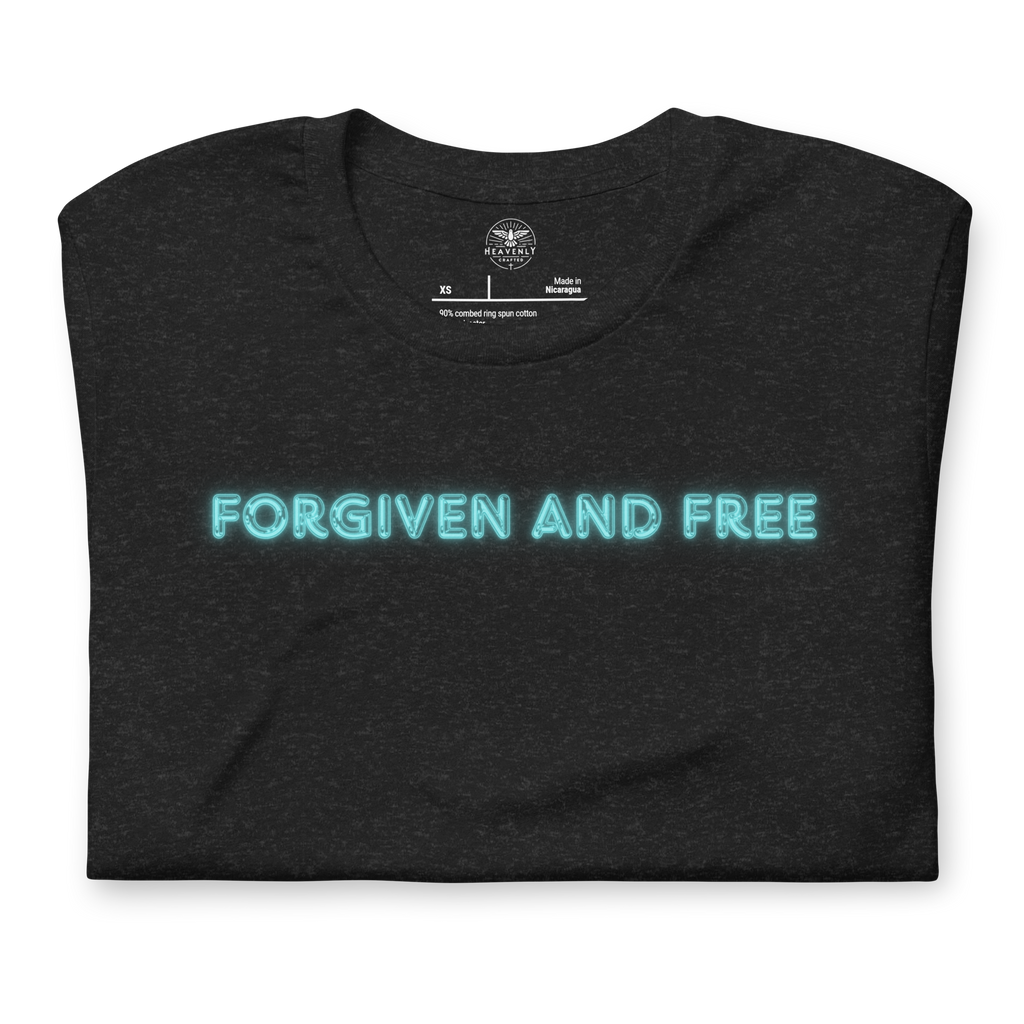 Folded Black Heather T-shirt by Heavenly Crafted, featuring 'Forgiven and Free' in bold neon blue script. This faith-inspired tee combines style, comfort, and a powerful message.