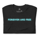 Folded Black Heather T-shirt by Heavenly Crafted, featuring 'Forgiven and Free' in bold neon blue script. This faith-inspired tee combines style, comfort, and a powerful message.