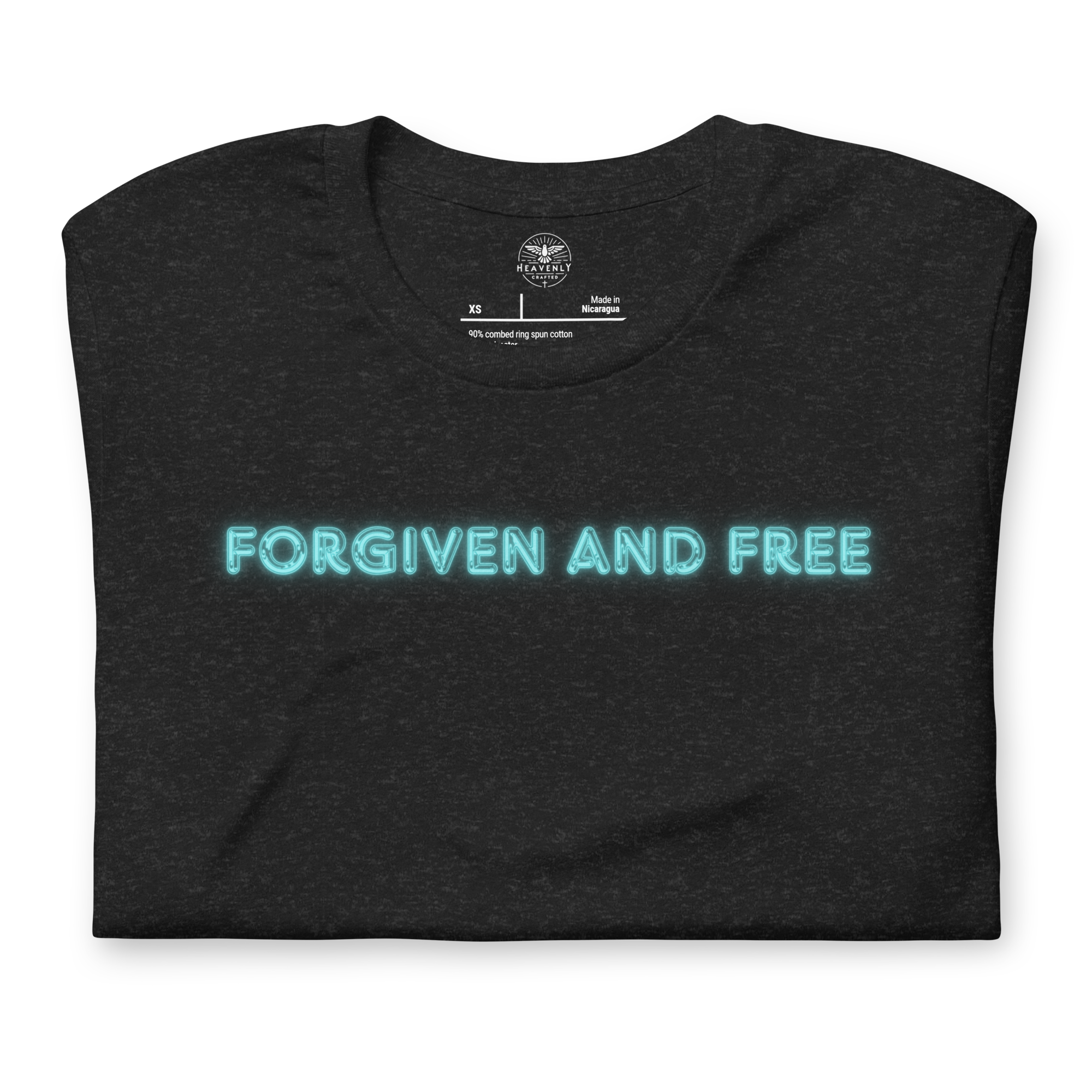 Folded Black Heather T-shirt by Heavenly Crafted, featuring 'Forgiven and Free' in bold neon blue script. This faith-inspired tee combines style, comfort, and a powerful message.