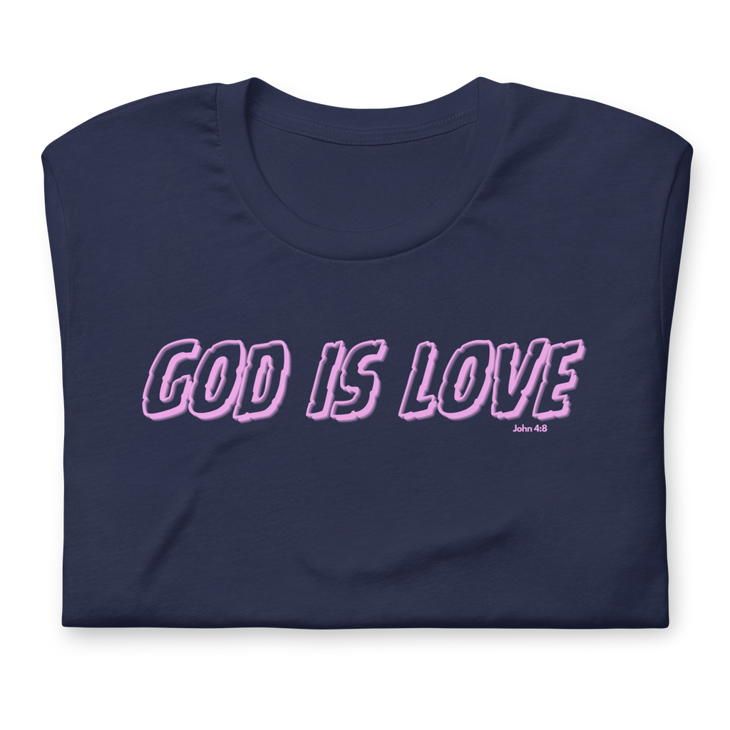 Folded Navy T-shirt by Heavenly Crafted with 'God Is Love' in vibrant neon script. This soft and comfortable tee serves as a stylish reminder of God's unconditional love.