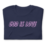 Folded Navy T-shirt by Heavenly Crafted with 'God Is Love' in vibrant neon script. This soft and comfortable tee serves as a stylish reminder of God's unconditional love.