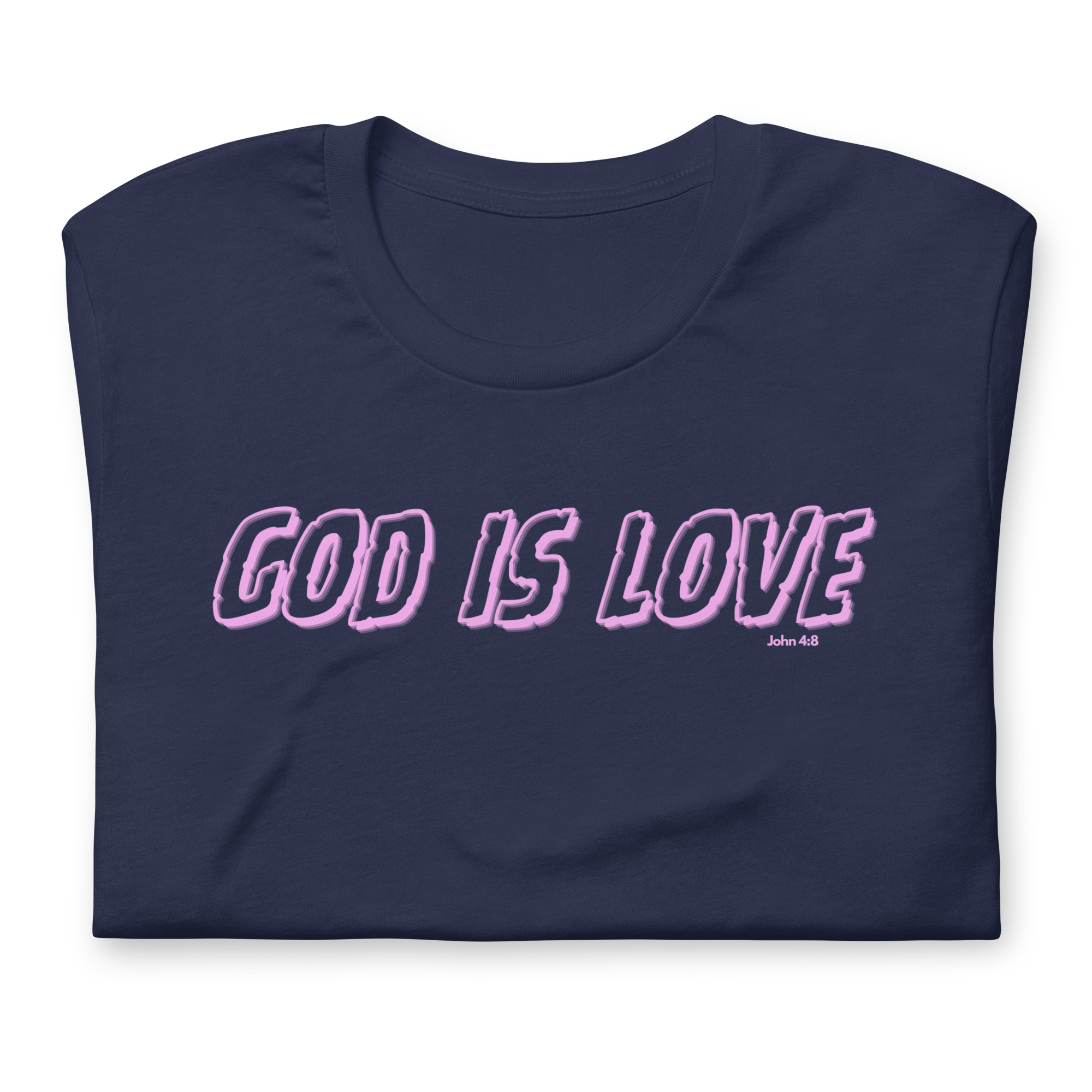 Folded Navy T-shirt by Heavenly Crafted with 'God Is Love' in vibrant neon script. This soft and comfortable tee serves as a stylish reminder of God's unconditional love.