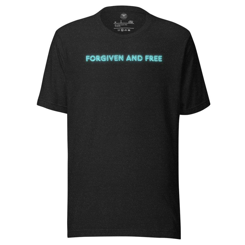 Front view of Heavenly Crafted's 'Forgiven and Free' T-shirt in Black Heather, displaying the eye-catching neon blue text that symbolizes redemption and grace through faith.