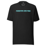 Front view of Heavenly Crafted's 'Forgiven and Free' T-shirt in Black Heather, displaying the eye-catching neon blue text that symbolizes redemption and grace through faith.