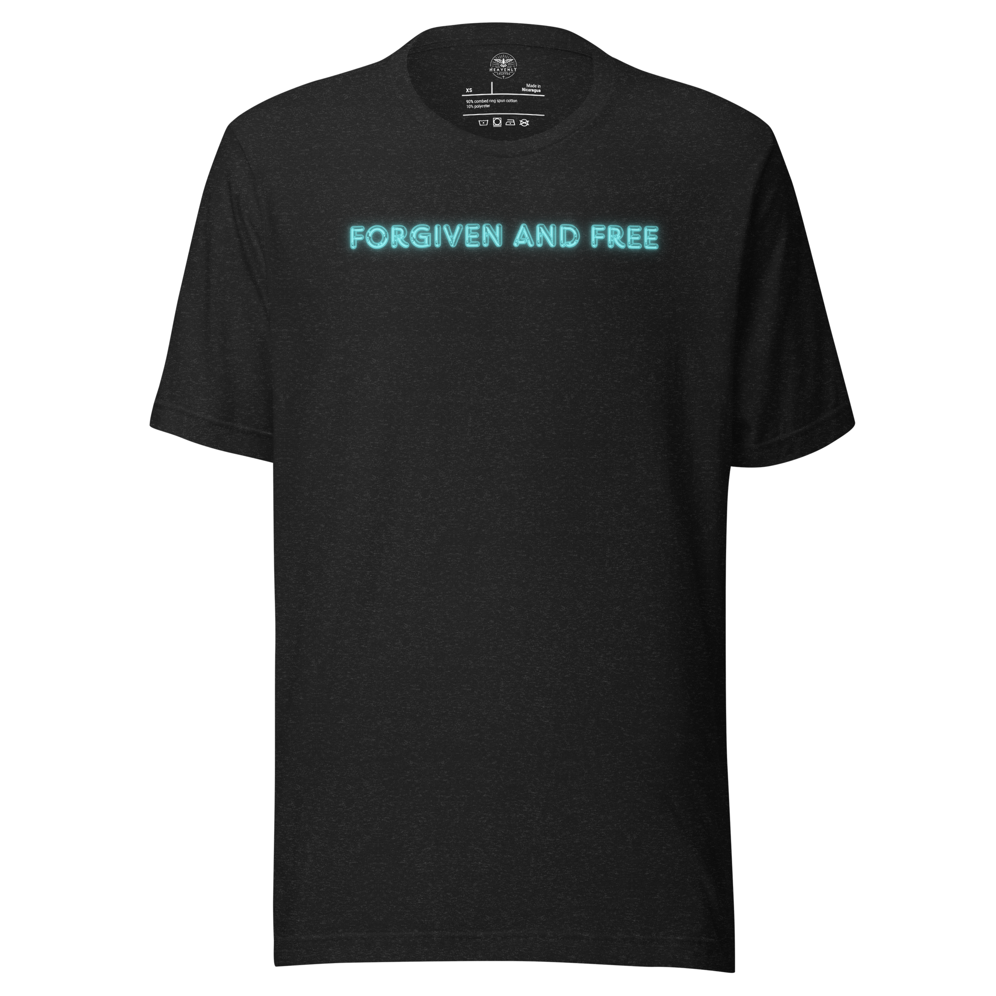 Front view of Heavenly Crafted's 'Forgiven and Free' T-shirt in Black Heather, displaying the eye-catching neon blue text that symbolizes redemption and grace through faith.