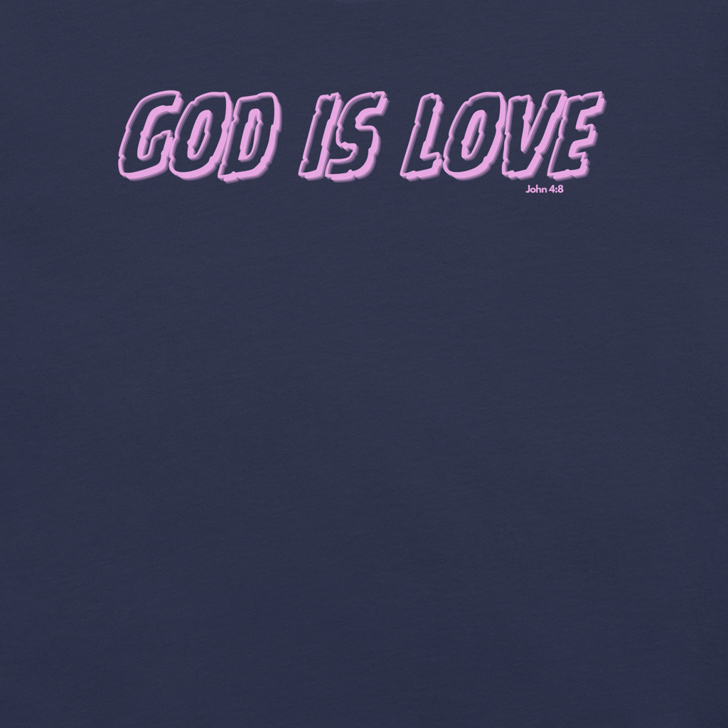 Front view of the 'God Is Love' T-shirt in Navy by Heavenly Crafted, displaying the striking neon pink and green text. Inspired by 1 John 4:8, this tee combines bold style with a powerful message of faith.