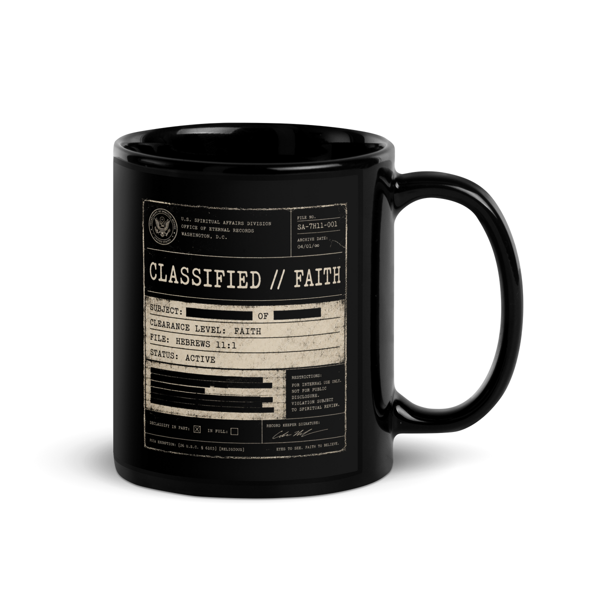 Gospel Noir Classified Faith Hebrews 11:1 black Christian coffee mug front view with redacted document design