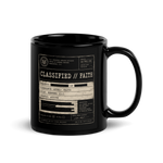 Gospel Noir Classified Faith Hebrews 11:1 black Christian coffee mug front view with redacted document design