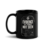 Gospel Noir Evidence of Things Not Seen black Christian coffee mug back view with Hebrews 11:1 evidence tag design